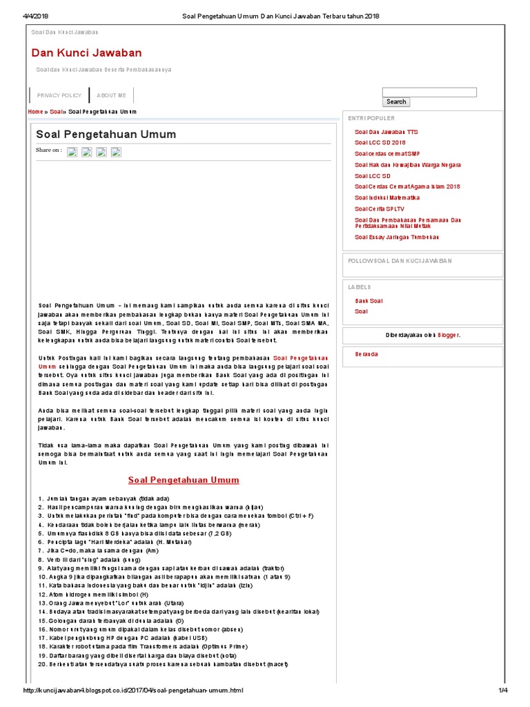 Soal Pengetahuan Umum Dan Kunci Jawaban Terbaru Tahun 2018