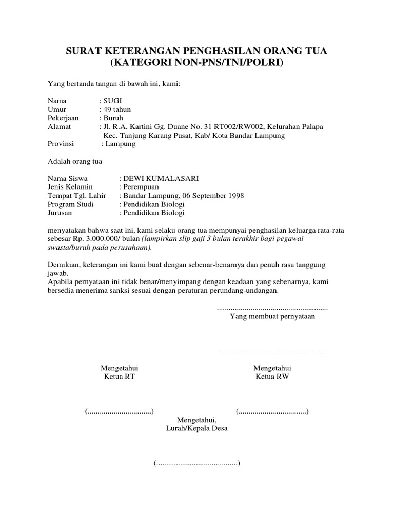 Contoh Surat Keterangan Penghasilan Orang Tua Dari Desa