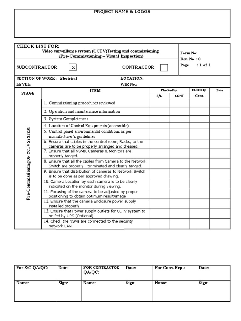 Checklist for Pre Commissioning of CCTV System Closed Circuit