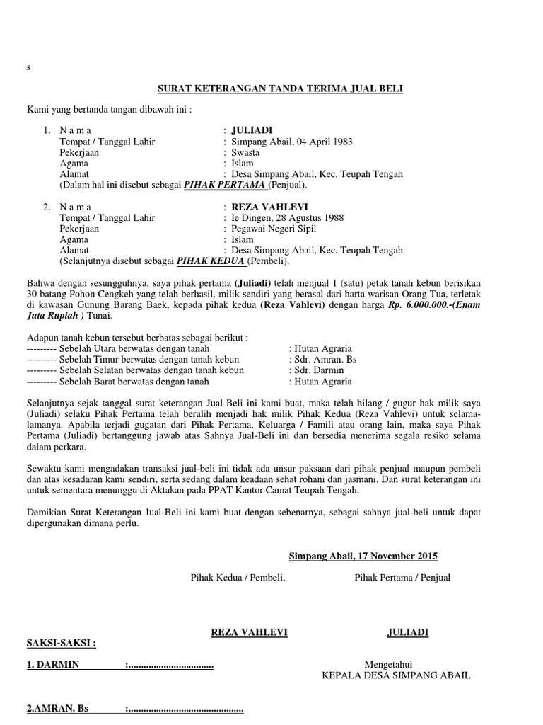Kebun Sawit Contoh Surat Jual Beli Tanah Kebun