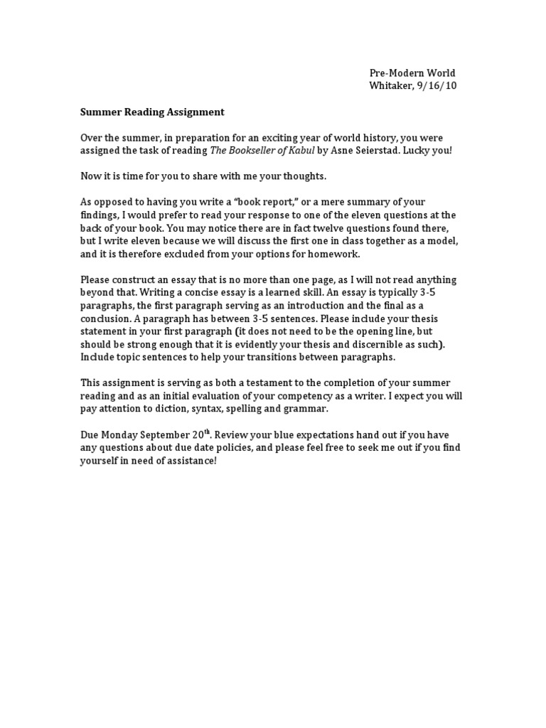 Summer Reading Essay Assignment Guide | PDF