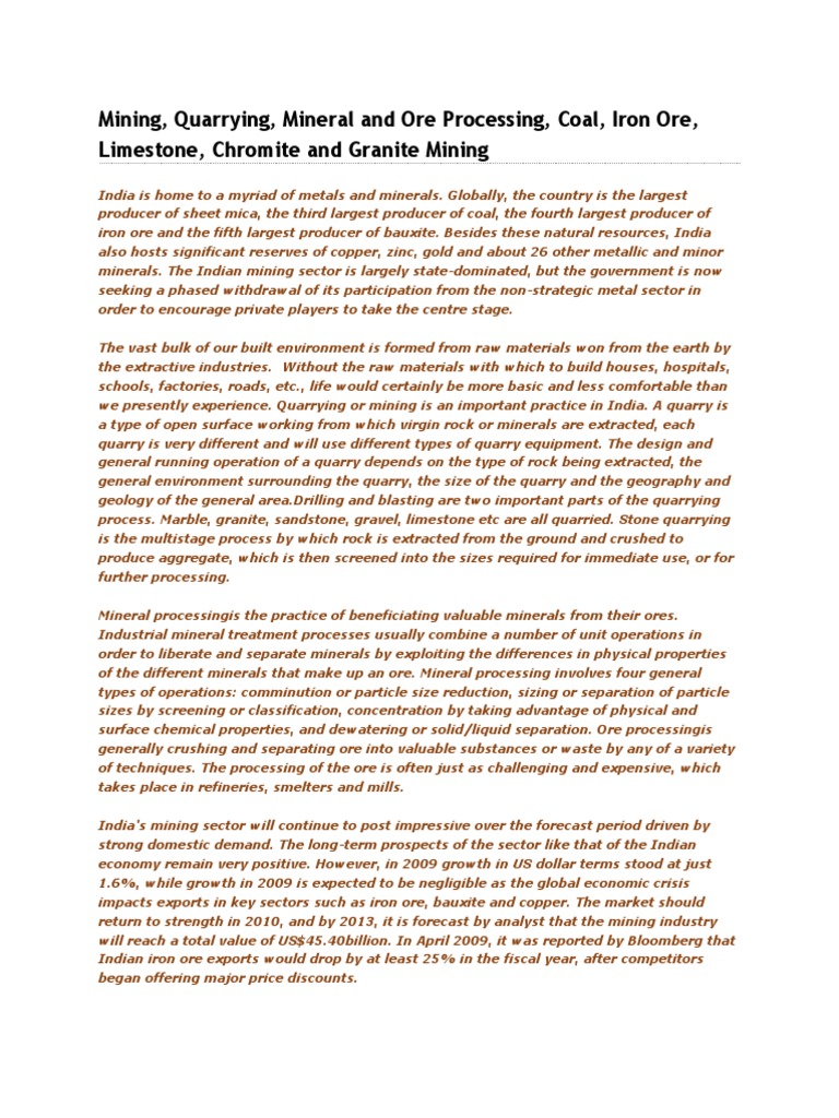 Mining, Quarrying, Mineral and Ore Processing, Coal, Iron Ore ...