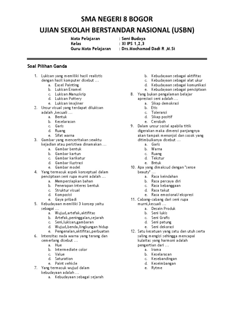 Contoh Soal Seni Rupa 3 Dimensi Pilihan Ganda Contoh