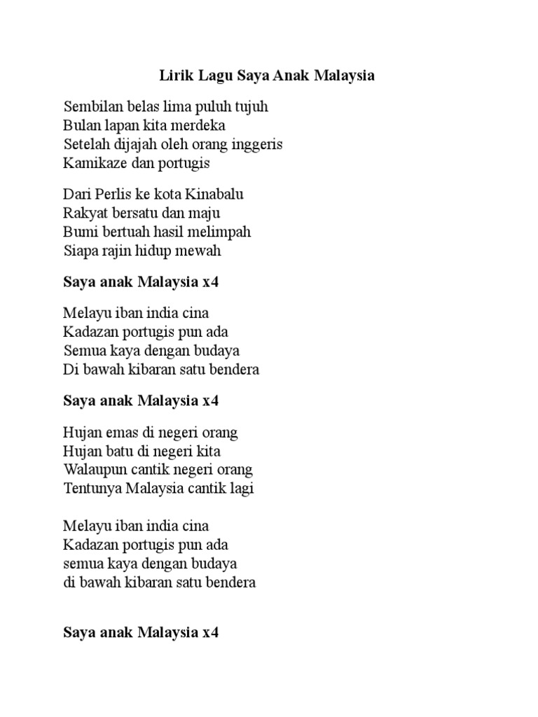 Lirik Lagu Saya Anak Malaysia Lirik Lagu Saya Anak Malaysia