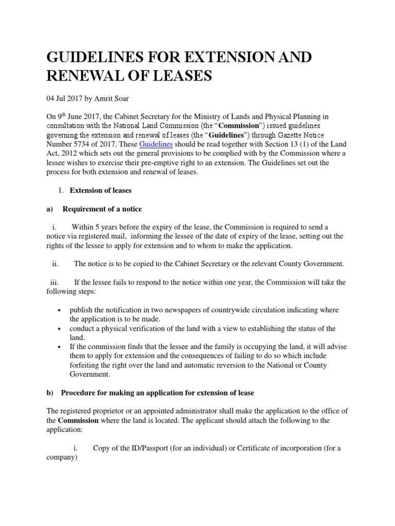 Guidelines for Extension and Renewal of Leases Lease Leasehold Estate