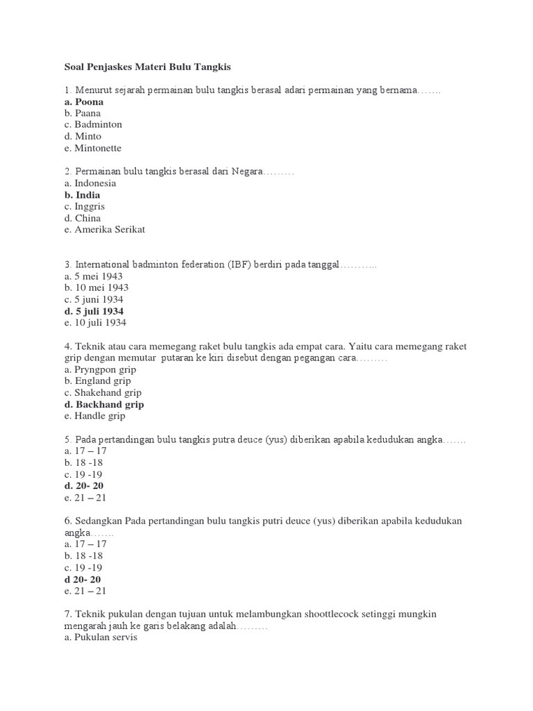 Soal Uts Pjok Materi Badminton