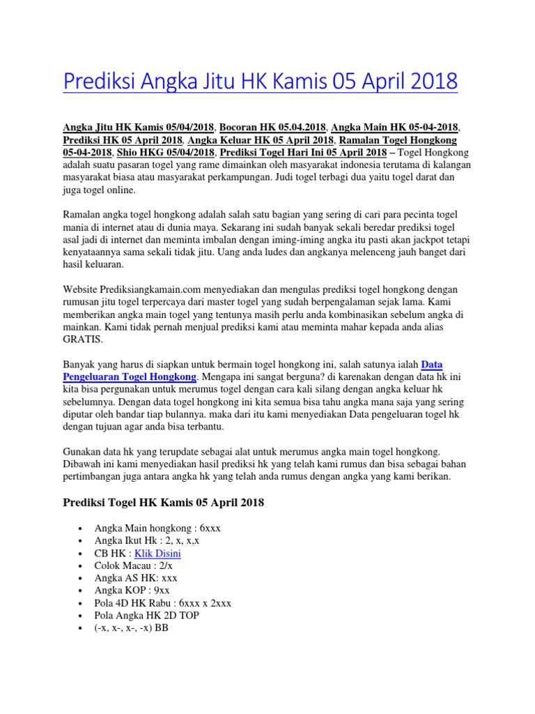 Prediksi Angka Jitu Hk Kamis 05 April 2018 Pdf