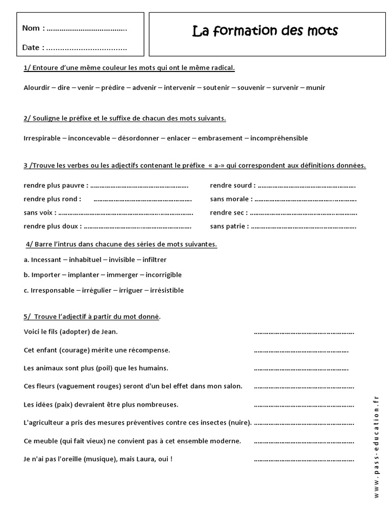 Exercices Français 4ème à Imprimer Pdf