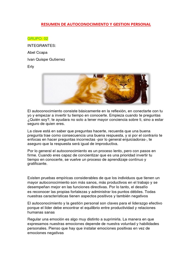 Resumen de Autoconocimiento y Gestion Personal | PDF | Relaciones ...