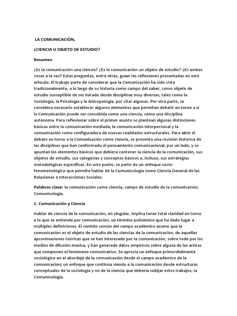 ¿Ciencia U Objeto De Estudio? Resumen Comprensión Science