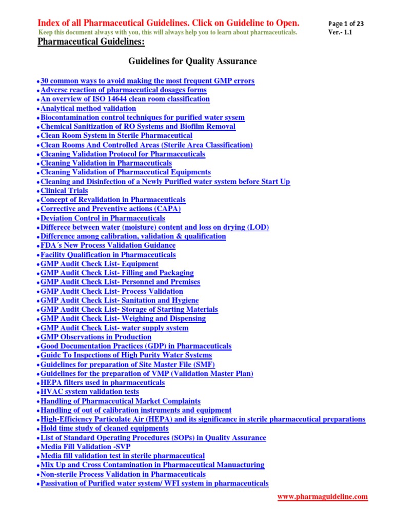 Comprehensive Pharmaceutical Guidelines Index | PDF | Sterilization ...