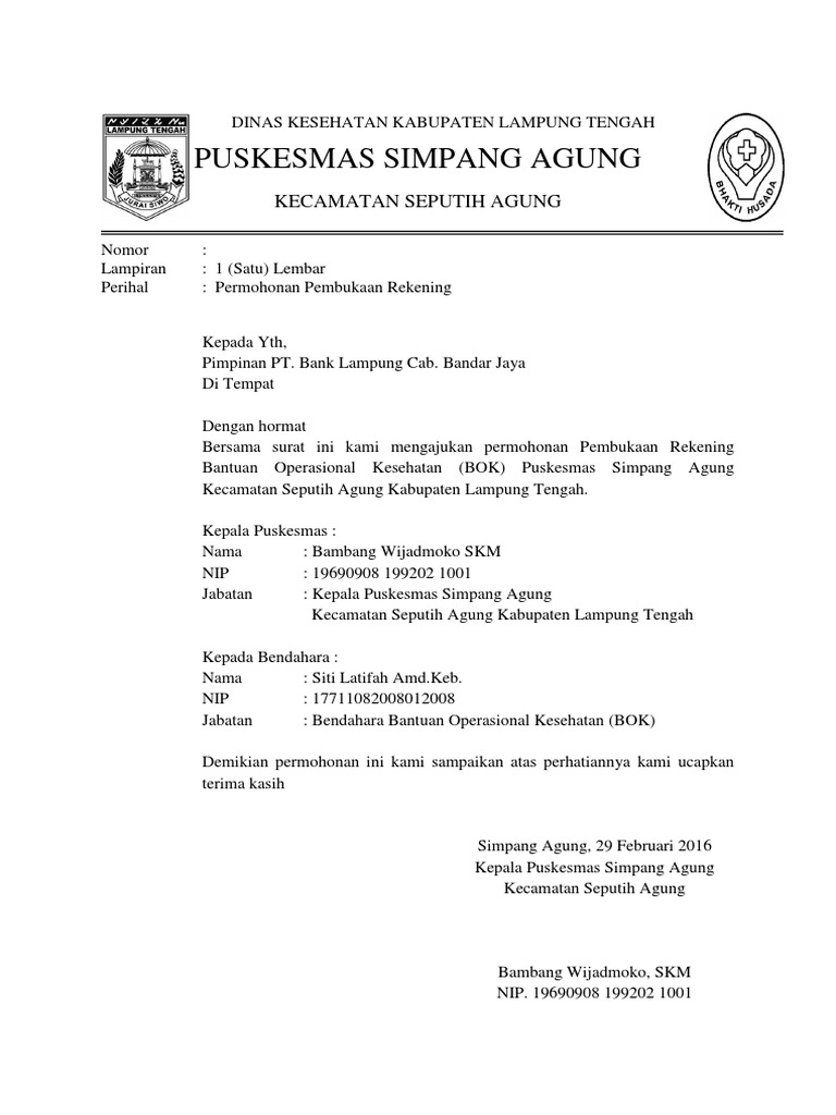 Surat Permohonan Buka Rek Bank Lampung 