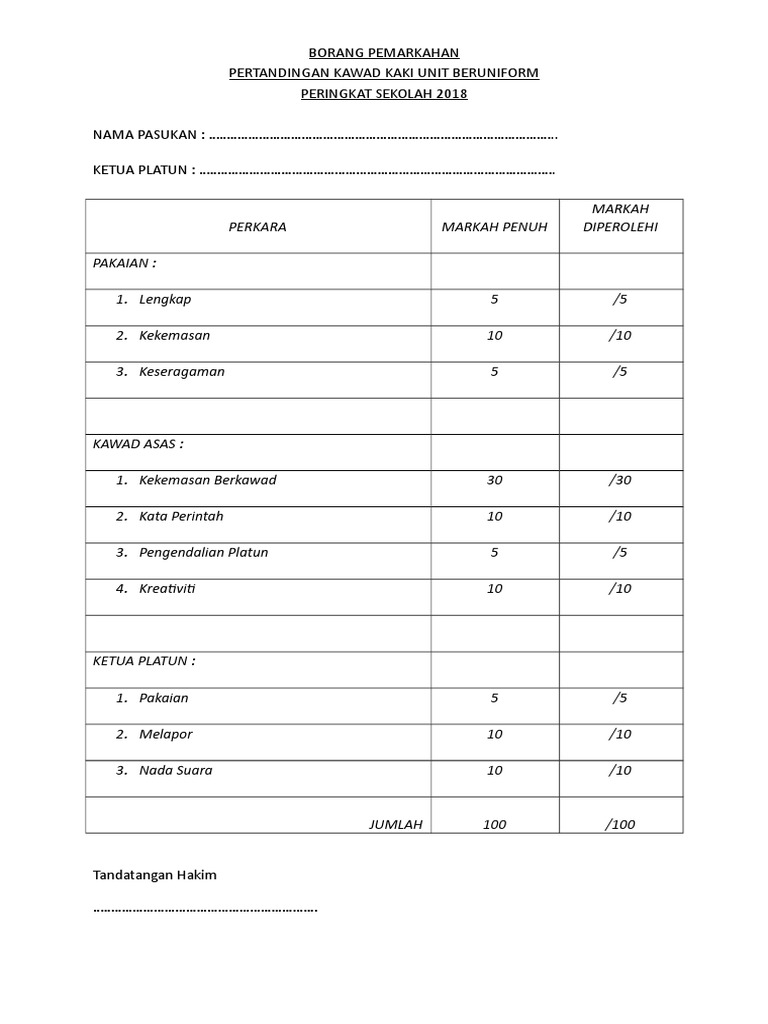 Borang Pemarkahan Pertandingan Kawad Kaki 2018