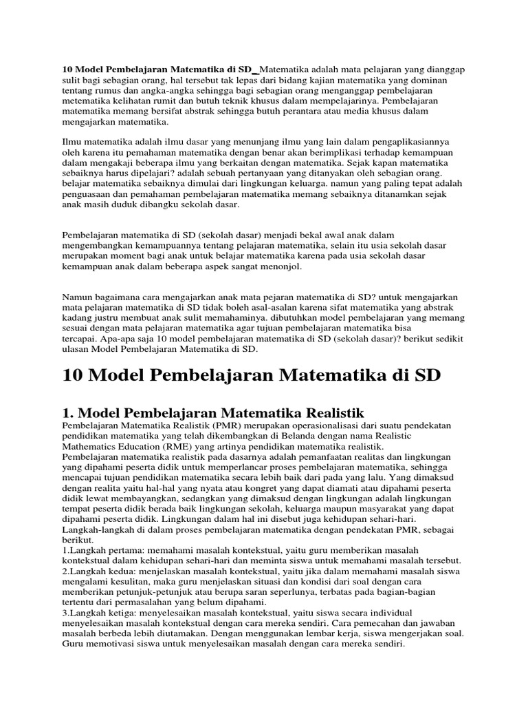 10 Model Pembelajaran Matematika Di Sd