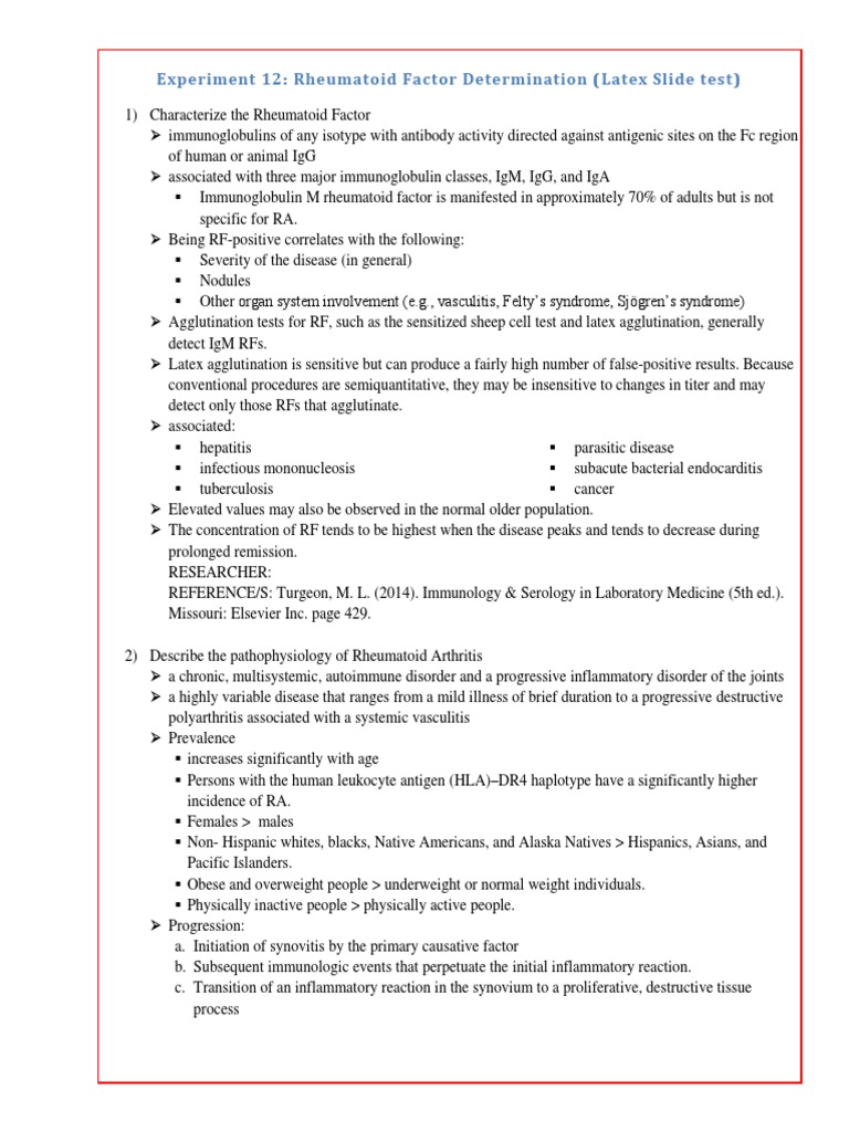 Experiment 12: Rheumatoid Factor Determination (Latex Slide Test) | PDF ...