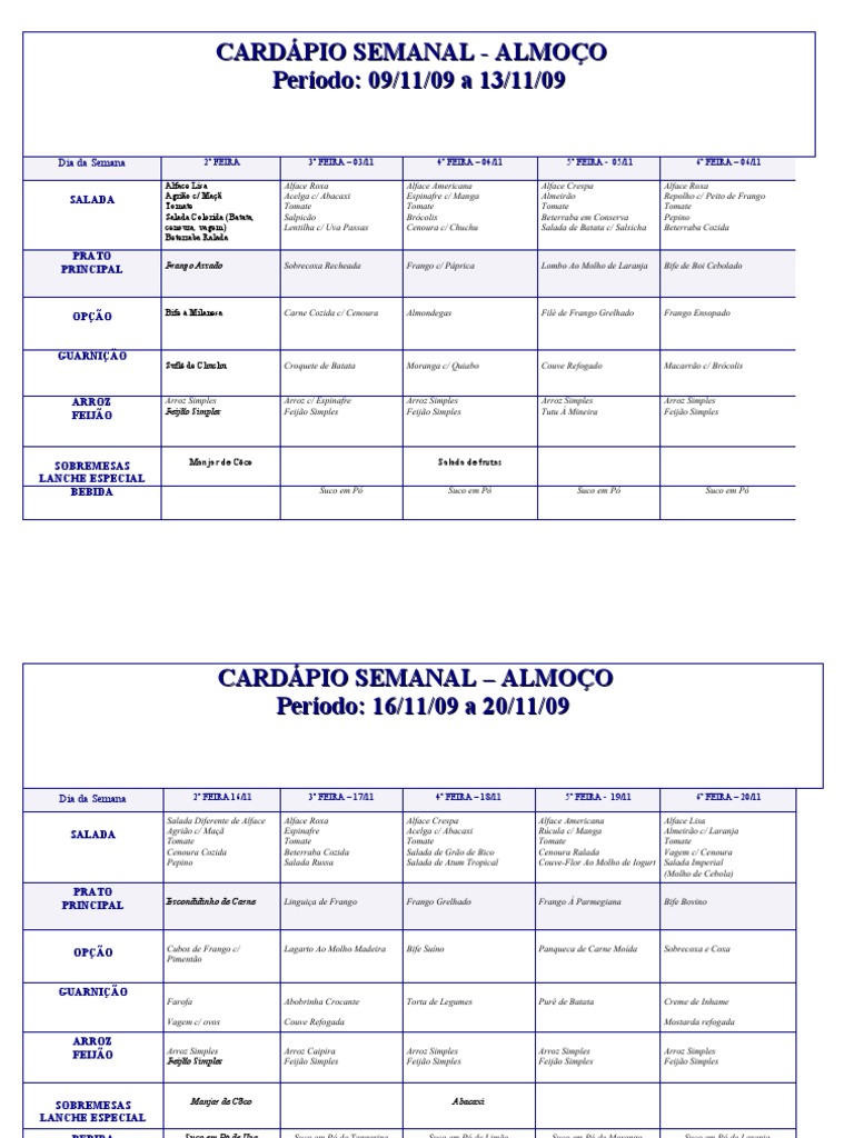Cardápio Semanal de Almoço | PDF | Milho | Mostarda (condimento)