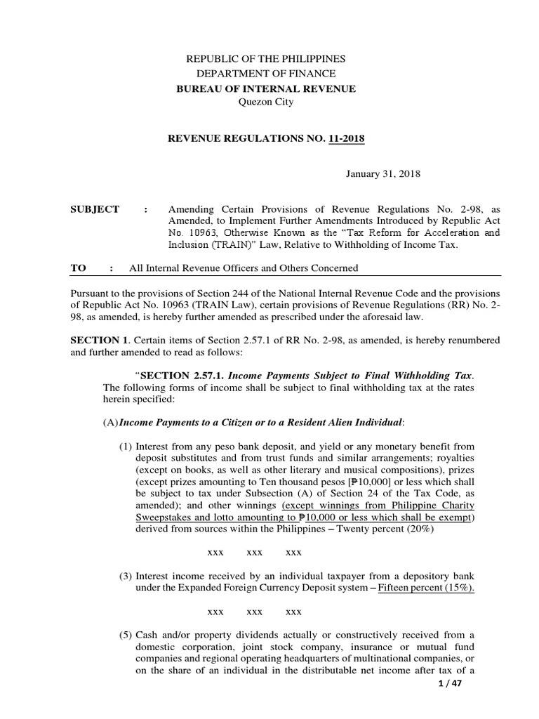 Revenue regulation no 11 2018 pdf pdf withholding tax income tax