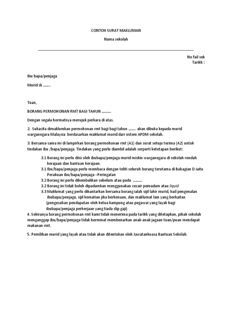 Contoh Surat Makluman Rmt
