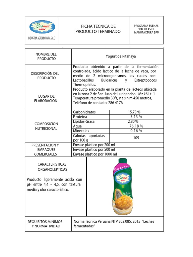 Ficha Técnica Yogurt BIOMIX.pdf Yogur Alimentos
