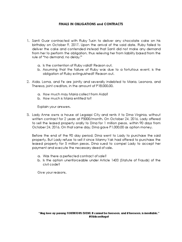 Final exam in oblicon pdf contract law legal concepts
