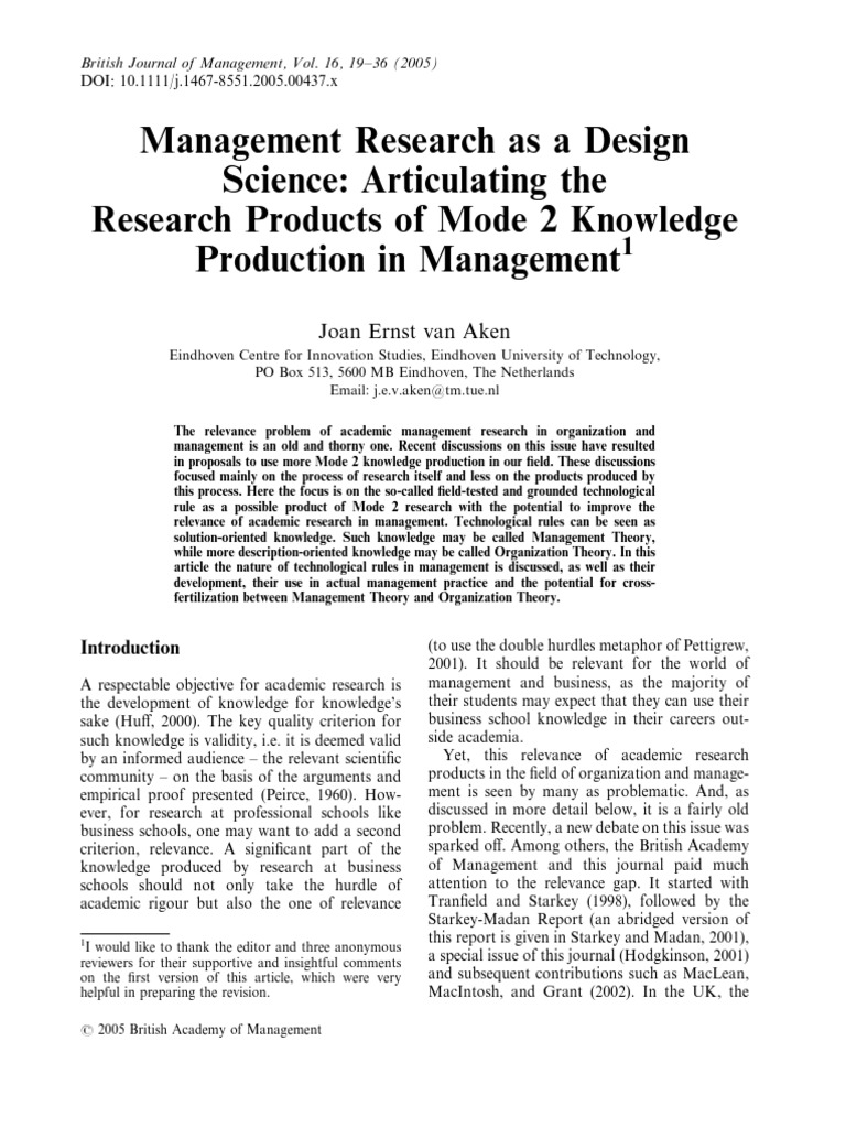 Mode 2 Knowledge in Management Research | PDF | Science | Design