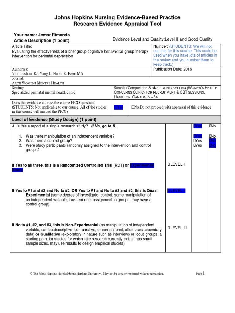 JHResearch Evidence AppraisalTool - NURS515 (2) JR | PDF | Systematic ...