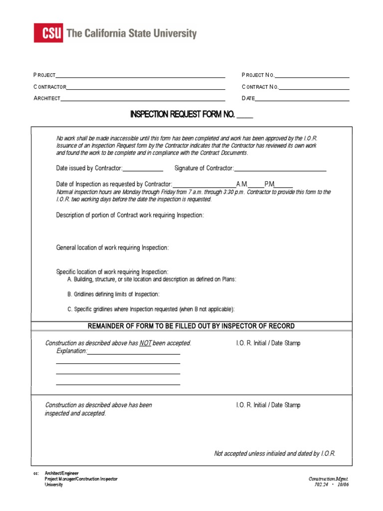 Contractor Inspection Request Form | PDF | Technology & Engineering