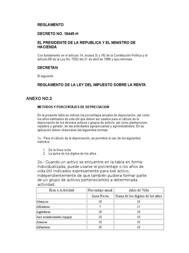 Tabla de Vida Util de Activos Fijos Costa Rica Depreciación Ingeniería