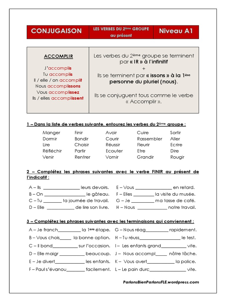 L imparfait Des Verbes Du 2ème Groupe Exercices Pdf 1le Prc3a9sent Des Verbes Du 2c3a8me Groupe | PDF | Verbe | Morphologie