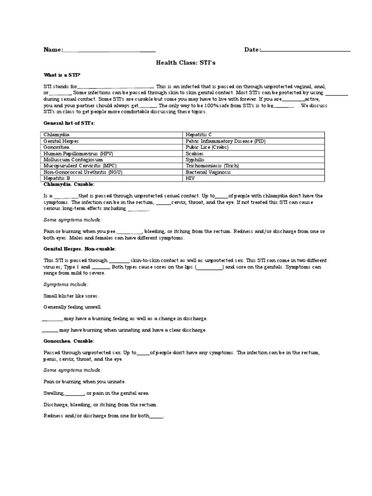 sti worksheet Sexually Transmitted Infection Sexual
