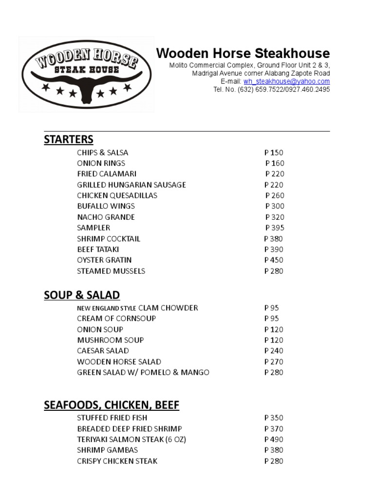 Wooden Horse Steakhouse Menu (Ala Carte) Updated Price PDF