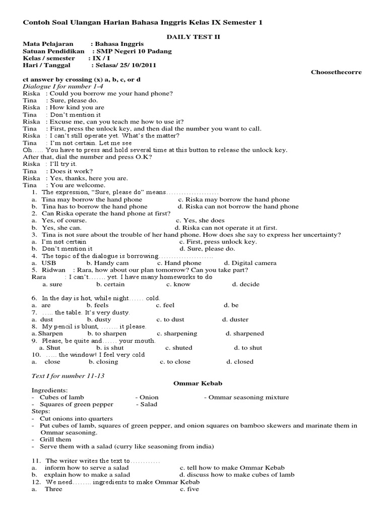 Contoh Soal Ulangan Harian Bahasa Inggris Kelas Ix Semester 2 Kebab Puting And Information Technology