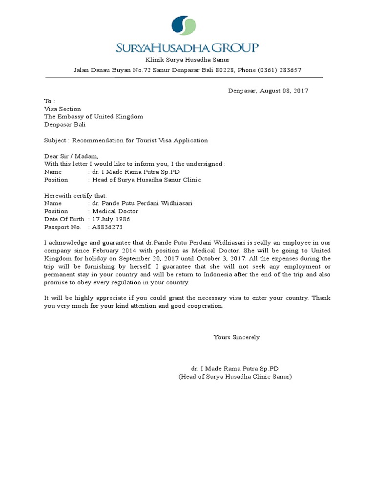Surat Keterangan Kerja Visa Uk