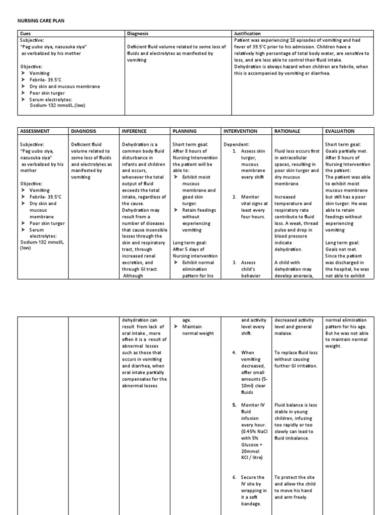 Nursing Care Plan for Fluid Deficit | PDF | Dehydration | Clinical Medicine