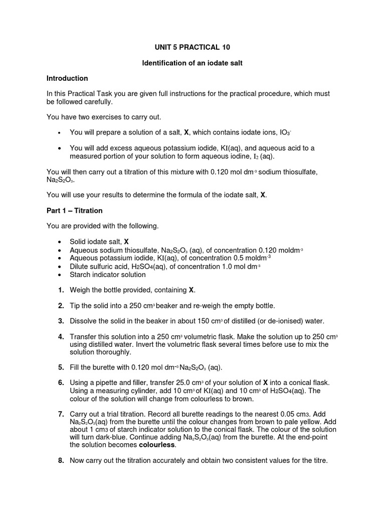 Unit 5 Practical 10 - Iodine-Thiosulphate Titration | PDF | Titration ...