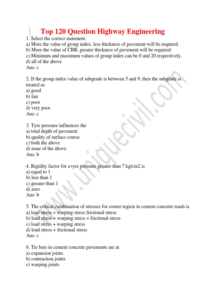 Highway Engineering MCQs and Answers | PDF | Traffic | Lane