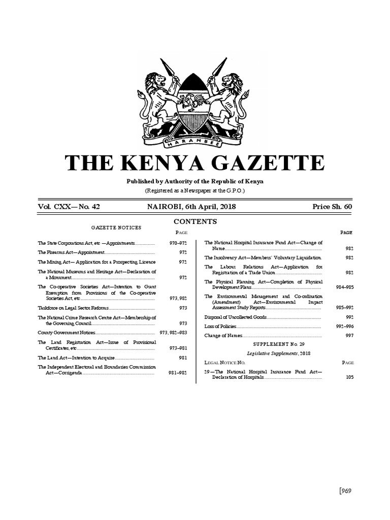 The Kenya Gazette Vol. 42 6th April 2018 Commander In Chief Kenya