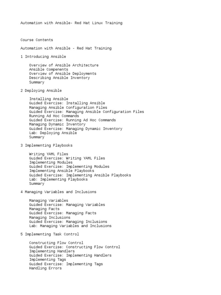 Automation With Ansible Red Hat Linux Training Syllabus PDF