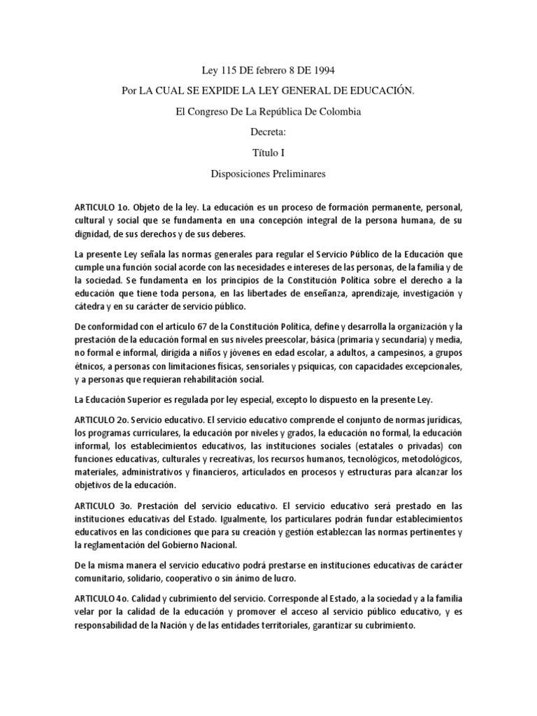 Ley General de Educación Colombia | PDF | Jardín de infancia | Familia
