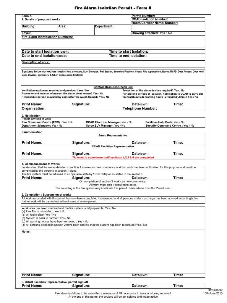 Fire Alarm Isolation Permit Form A PDF Hazards Building Engineering