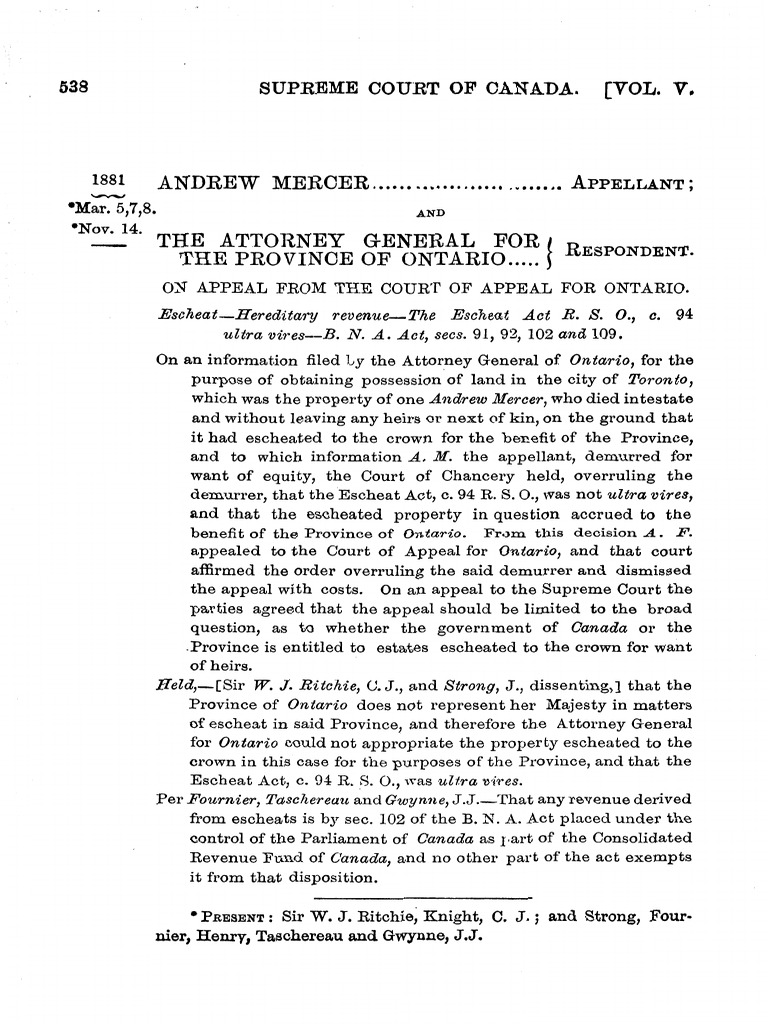 Andrew Mercer V Ag Ontario 1882 - 5 - SCR - 0 - 538 | PDF | The Crown ...