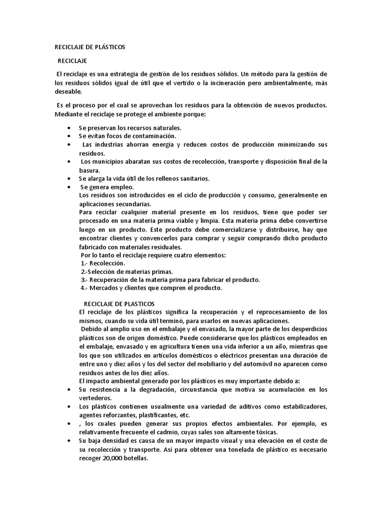 Reciclaje de Plásticos: Beneficios y Proceso | PDF | El plastico | Residuos