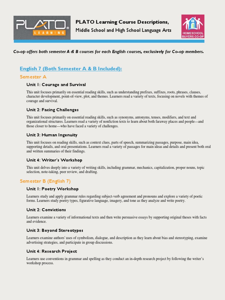 Plato Lang Arts Course Descriptions PDF Reading Comprehension
