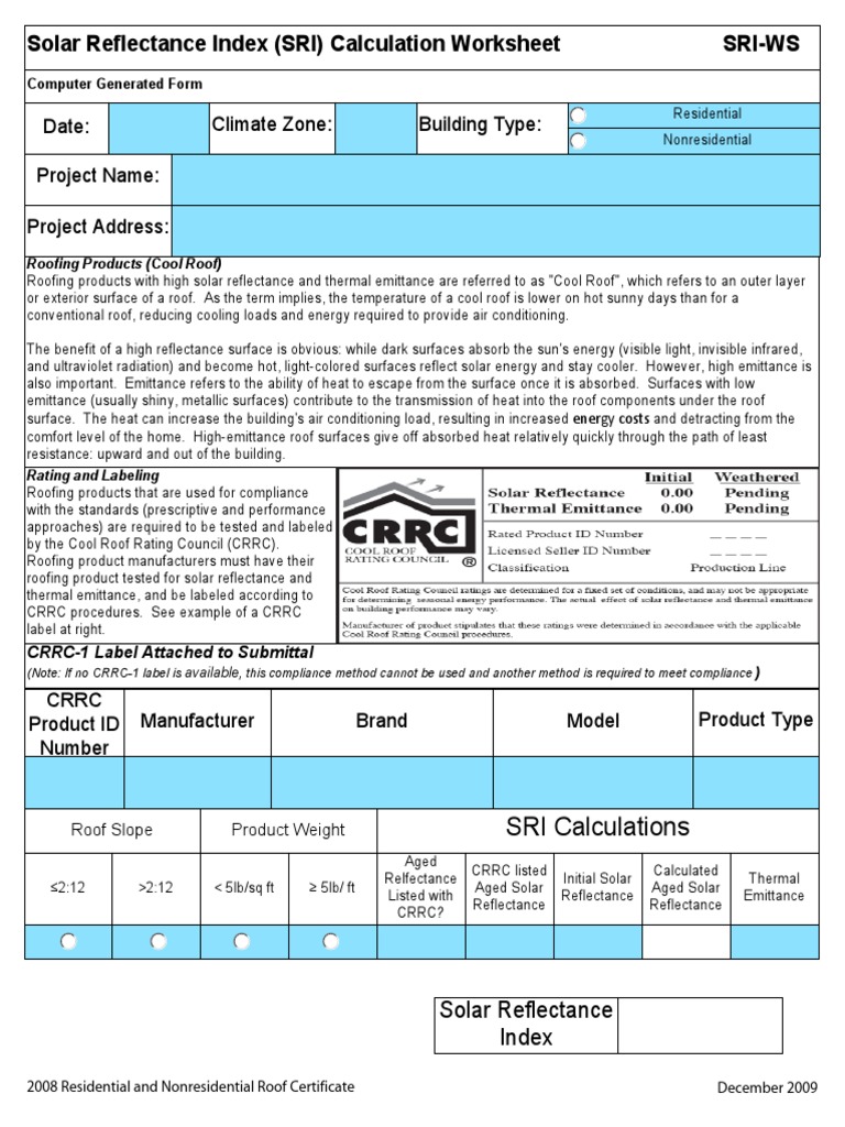 SRI Calculation Worksheet for Cool Roofs | PDF | Roof | Building ...