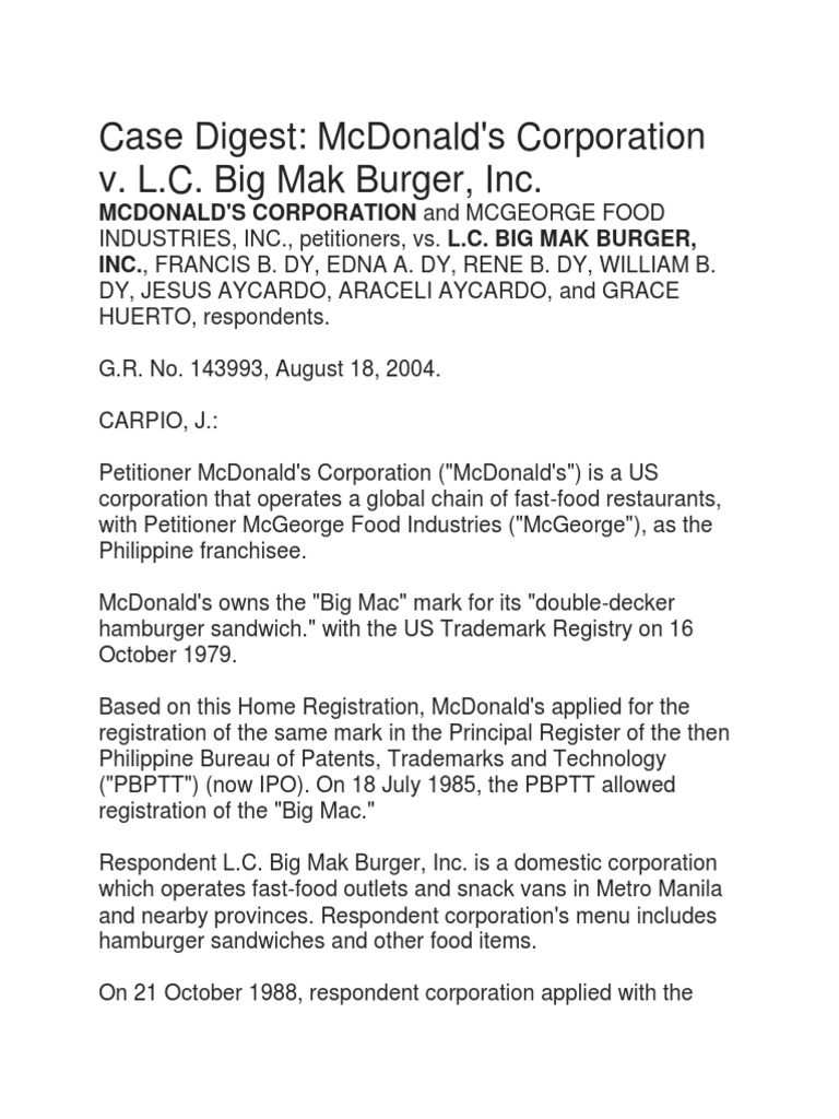 Mcdonalds V Big Mak Trademark Mc Donald S