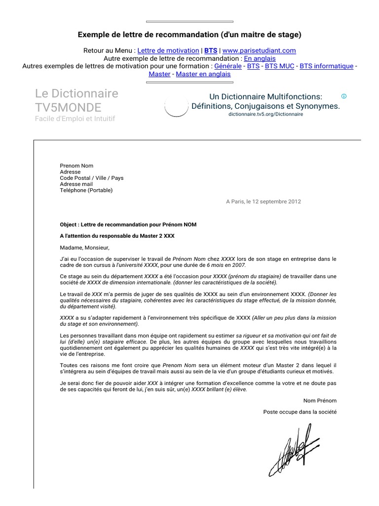Lettre De Motivation Sur Recommandation Dun Ami Exemple de Lettre de Recommandation (D'un Maitre de Stage) | PDF |  Motivation | Motivationnel
