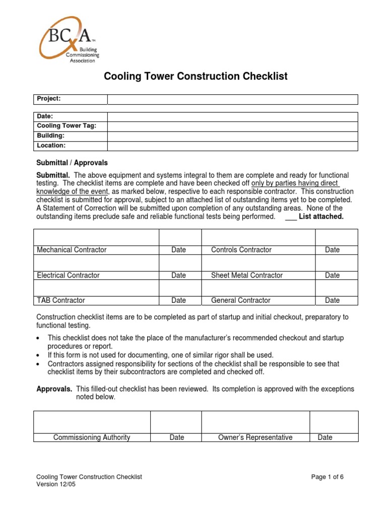 Cooling Tower Construction Checklist | PDF | Calibration | Heat Exchanger