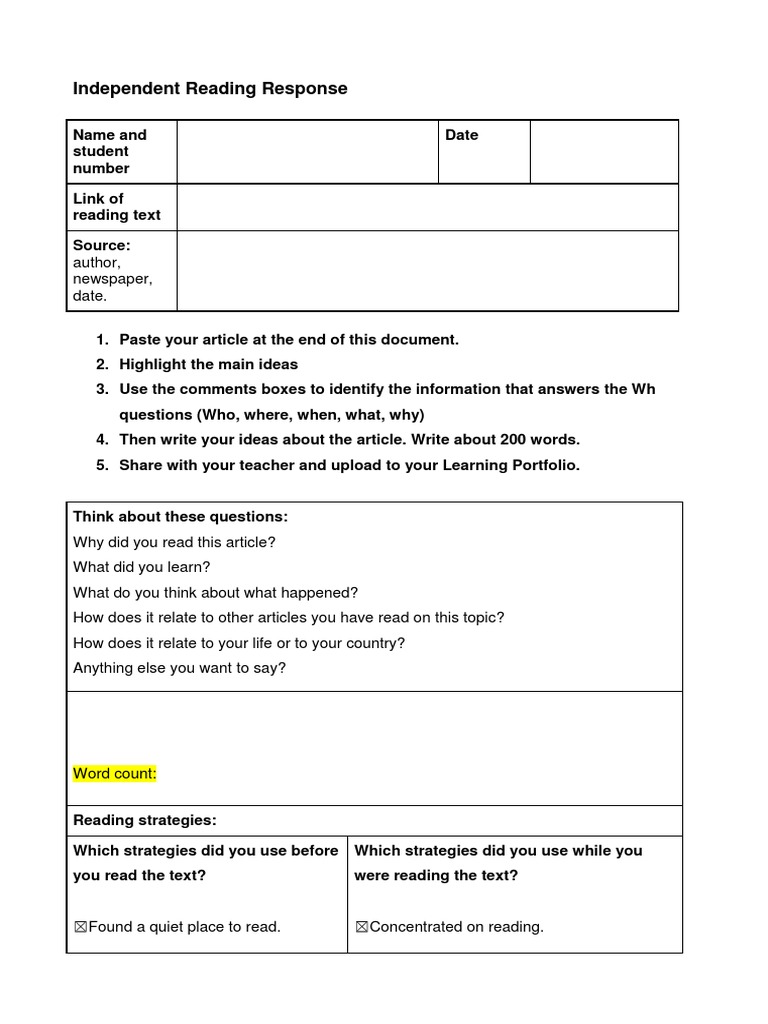 Independent Reading Response PDF Question Behavior Modification