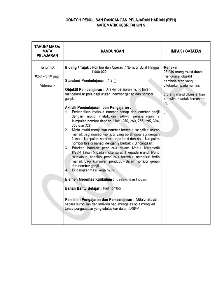 Contoh Rph Matematik Tahun 5 Pdf