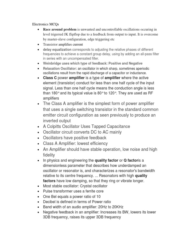 Electronics MCQs PDF Electronic Oscillator Amplifier